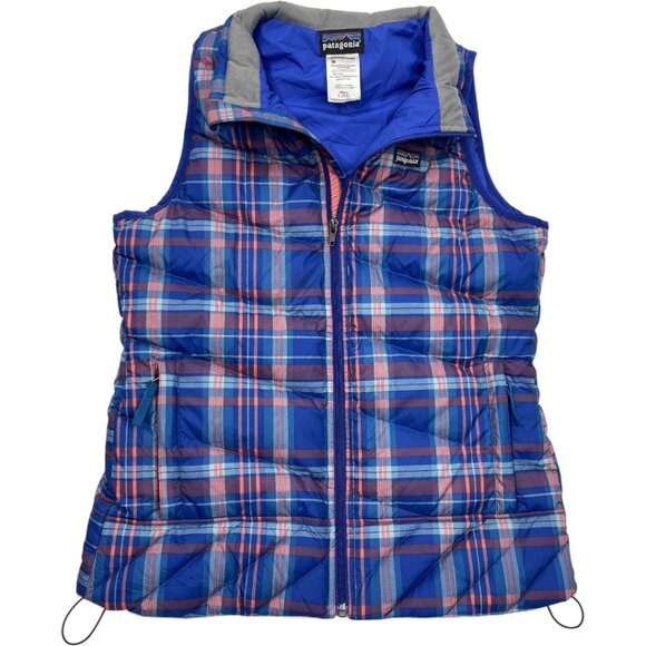 Patagonia Goose Down Plaid Blue Puffer Ski Snow Vest Jacket Girls Large 12 - Picture 2 of 11